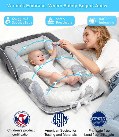 0-12 Baby Lounger, Portable Foldable Travel Lounger for Newborn Month, Washable Lightweight Infant Nest with Canopy