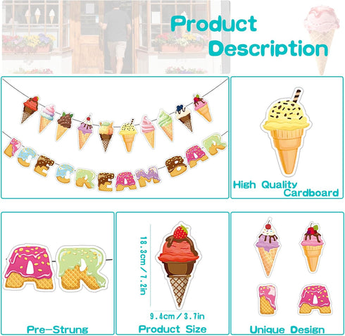 2Pcs Summer Community Ice Cream Party Decorations - Ice Cream Bar Banner & Cone Bunting Decorations for Party, Kids