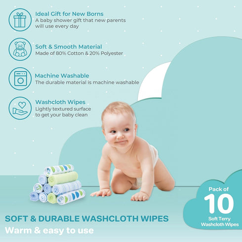 Spasilk Washcloth Wipes Set, Pack of 10, Soft Terry Washcloths for Newborn Boys and Girls, Blue Dots
