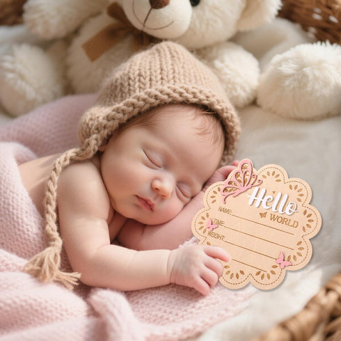 Penitue Wooden New Baby Birth Announcement Plaque, Flower Shape Hello World Sign Newborn Arrival Board Welcome Plaque