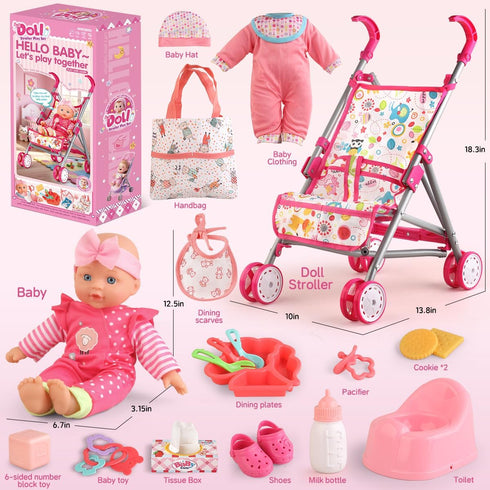 Set 12.5" 2 Sets 16 3-5 4-6 YIYBM Baby Doll with Stroller with Baby Dolls, Handbag, Doll Clothes and PCS Doll