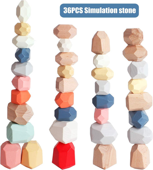 BESTAMTOY 36 PCS Wooden Sorting Stacking Rocks | Sensory Toddler Montessori Toys for Kids 3-6 Years