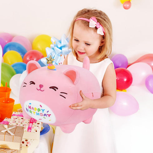 16'' Pink Birthday Cat Plush Stuffed Animal, Kawaii Plushies Cat Body Pillow, Gifts for Kids and Girlfriend