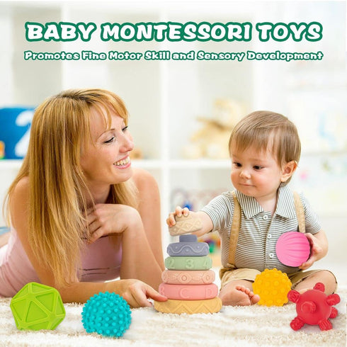 Springflower 3 in 1 Montessori Toys for Babies 0-12 Months - Soft Teething Toys & Stacking Blocks, 23 PCS