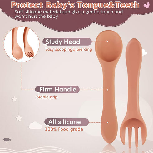 6 Pieces Silicone Baby Feeding Forks and Spoons Set, Safety First Stage Self Feeding Supplies for Toddlers