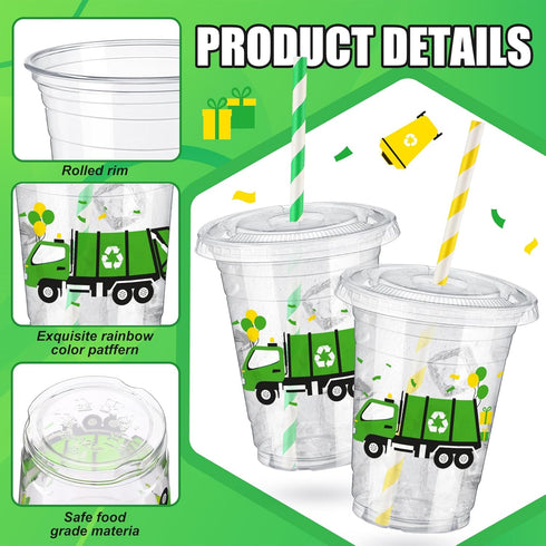50 12 oz Domensi Pcs Garbage Truck Birthday Party Plastic Cup Garbage Car Thick Clear Cup Truck Mugs Trash Car Birthday