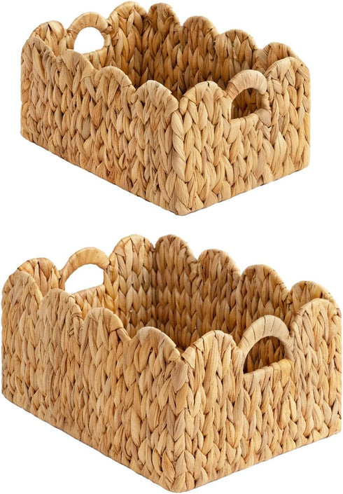 StorageWorks Scalloped Edge Wicker Basket, Hand-woven Rattan Baskets with Built-in Handles, Water