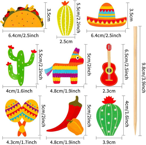 36 Pcs Fiesta Cupcake Topper - Mexican Theme Cake Decoration for Cactus, Donkey, Taco, Pepper, Sombrero Party