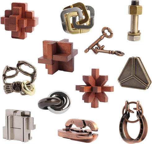 12pcs Puzzles Toys Wooden Metal Brain Teaser Puzzles Game for Adults Kids