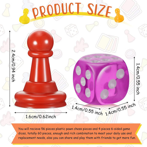 60 Pieces Multicolor Plastic Pawn Chess Components, 6 Sided Game Dice, Table Markings for Board Games