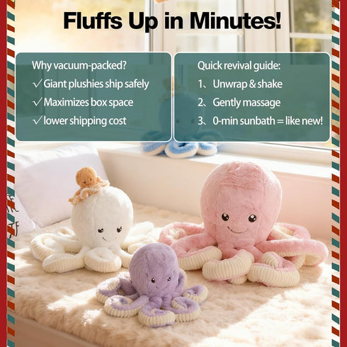7/16/24/32 Inches, 5 DENTRUN Octopus Stuffed Animals, Giant Octopus Plush Doll Play Toys for Kids Girls Boys Adults