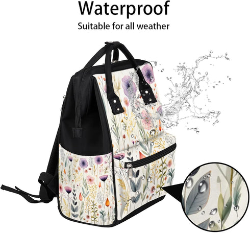 Hsnar Backpack Poppy Flowers Herbs Waterproof Diaper Bag Large Capacity Baby Bag with Stroller Straps, Multi-Pocket