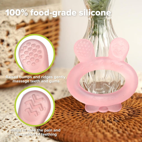 Haakaa Rabbit Ear Silicone Baby Teether, Frozen Teething Toy for Babies 3-6 Months, BPA Free, Pink