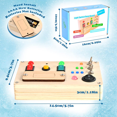 LED Light Switch Busy Board Montessori Toy - Kids Wooden Control Panel Activity Sensory Board for Toddlers 1 2 3 Year