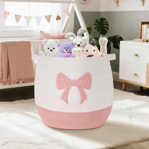 17.7"x15.7" Large Baby Laundry Hamper, Pink Bow Laundry Basket for Baby Girl, Toy and Blanket Storage Basket