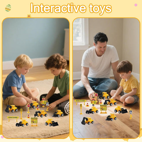 ZWLIYCHN 16pcs Mini Construction Vehicles Cake Topper Truck Excavator Traffic Road Sign Cake Cupcake Topper