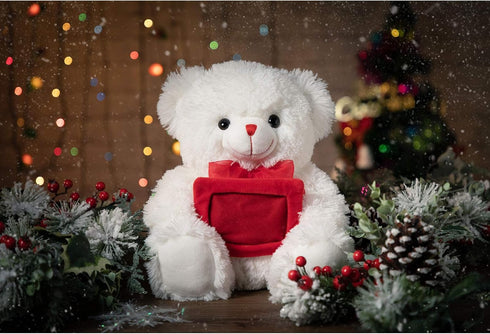 HollyHOME Teddy Bear Stuffed Animal Plush Bear - 12 Inches White with Red Bow - Christmas Valentine's Day Gift