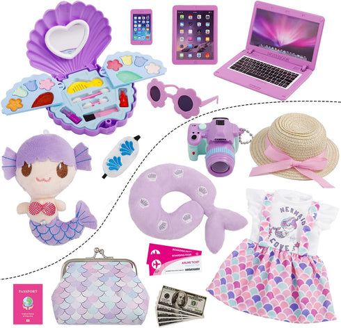 Srua Don 18 Inch Set, 18inch Doll Suitcase Travel Luggage Play Mermaid Theme Travel Carrier Storage Accessories