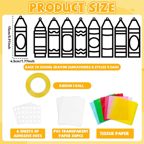 32 Sets Back to School Crayon Suncatchers Craft Kit DIY Window Stained Glass Effect Crayons Paper Crafts for Home
