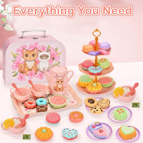 Toddler Toys Tea Party Set for Little Girls, 44 pcs Pretend Plastic Teapot Set with Desserts, Carrying Case for Ages 3-6
