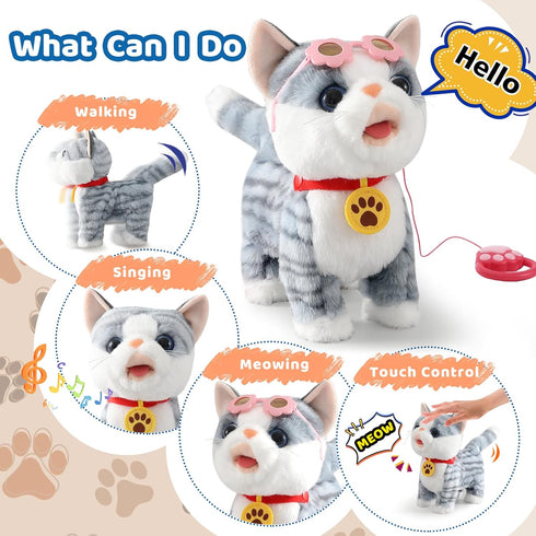 Ylpaprm Set Gray Walking Cat Interactive Toy Cat for Girl Repeat What You Say Toy Kitten Talking Singing Dancing Touch