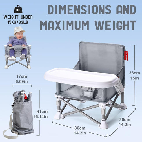 6M-3Y, Tiny Marvels Portable Booster Seat, Foldable Baby High Chair with Removable Tray, Safety Harness & Carry Bag