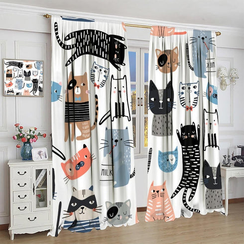 moderw W55xL63in Funny Cats Curtains, Cute Cartoon Cats Baby Bottle Window Treatments Lovely Pets Animals Drapes