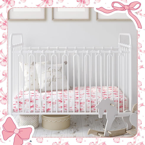 4 Pack Set 52'' 28" Peryiter Crib Sheets for Baby Pink Bow Soft Baby Bed Sheet x Nursery Crib Sheets for Standard Bed
