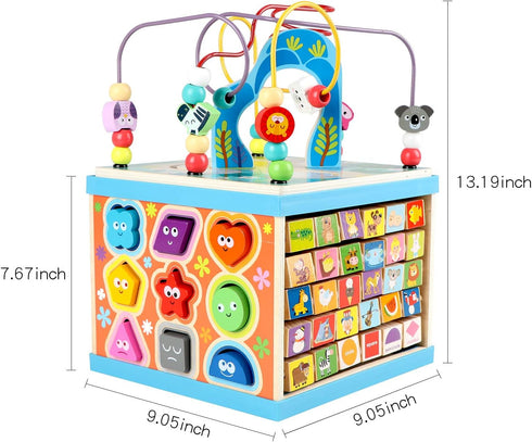 Qilay Wooden Activity Cube for Toddlers 1-3, 5 in 1 Multipurpose ABC-123 Abacus Montessori Learning Toys for 1-3 Year