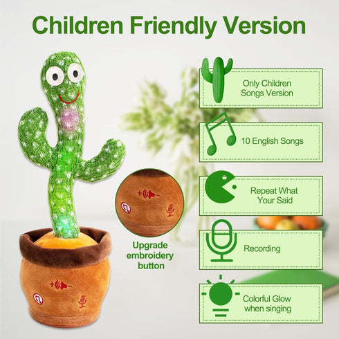 MIAODAM Children Song Version Dancing Cactus, Volume Adjustable Talking Cactus Baby Toy Repeats What You Say, Colorful Glowing Talking Cactus Toy Singing 10 Songs, Embroidery Button Safety Cactus Toys