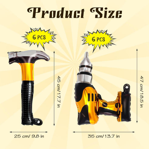 12 Pcs 18 Inch Hammer Drill Balloons Set, Construction Party Decorations for Father's Day Birthday