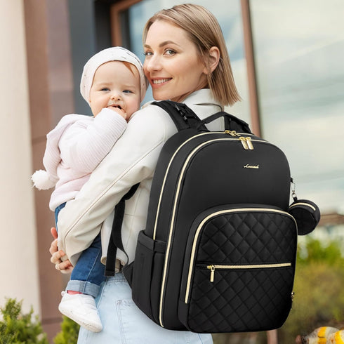 Backpack, Lozenge-Black LOVEVOOK Diaper Bag Quilted Baby Bag with Changing Pad & Pacifier Holder, Waterproof Travel