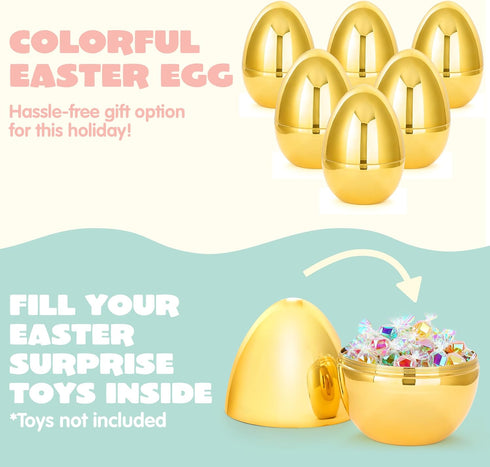 6 10'' JOYIN Pcs Gold Jumbo Easter Eggs, Fillable Metallic Large Plastic Eggs for Easter Themed Hunt Basket Stuffers