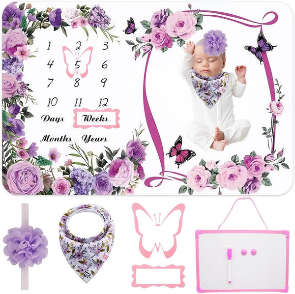 Milestone Blanket for Baby Girl (Purple 60x40 Inches), with Photo Aid Frame,