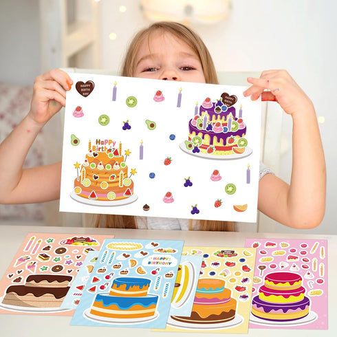 32 Sheets Make Your Own Birthday Cake Stickers, Creative Fun Happy Birthday Cake Game Sticker Kits for Kids Birthday