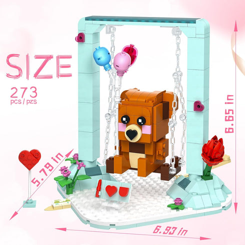 Nubee Sets 8+ Valentines Brown Bear Building Toys Compatible for Lego, Cute Swing Bears Building with Heart, Flowers, I