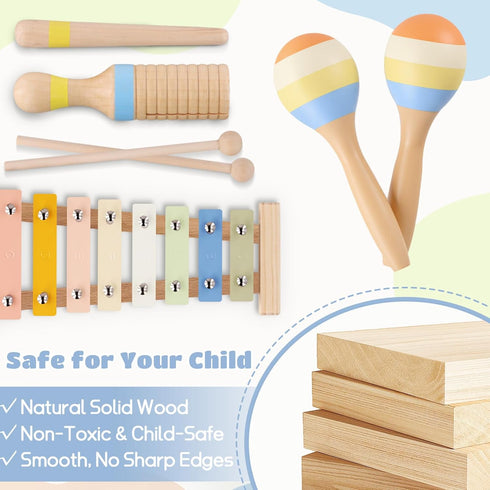 MGparty 13, Baby Musical Instruments, Montessori Wooden Musical Toys for Toddlers Xylophone Tambourine Triangle