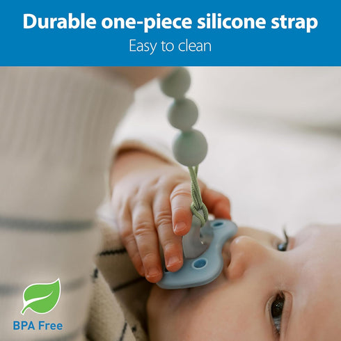 0-18 2-Pack Dr. Brown's Silicone Pacifier Clips, Universal Fit Strap for Pacifiers, Green/Gray, BPA Free, Months