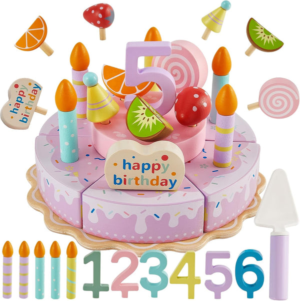 HERSITY Wooden Birthday Cake Toy Play Food Sets, Pretend Baking Kitchen Playset