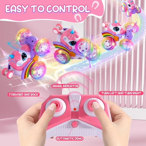 SUMEAUT 360 4WD 2.4GHz 3-6 7-9 (LY-018) Remote Control Car Unicorn for Girls Rotating Stunt RC Cars with Cute Cool LED