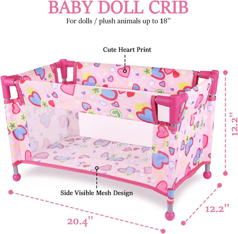 Toy Baby Doll Crib for 18'' Dolls, Cute Pink Heart Designed Baby Doll Bed with Carry Bag, Doll Furniture for Girls