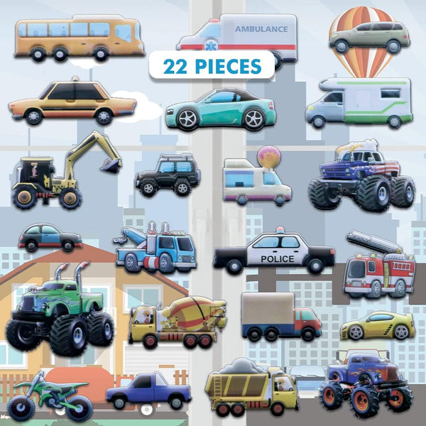 Cars and Trucks Window Clings for Kids & Toddlers by Jesplay USA - Reusable Gels & Decals, Puffy Sticker Activities