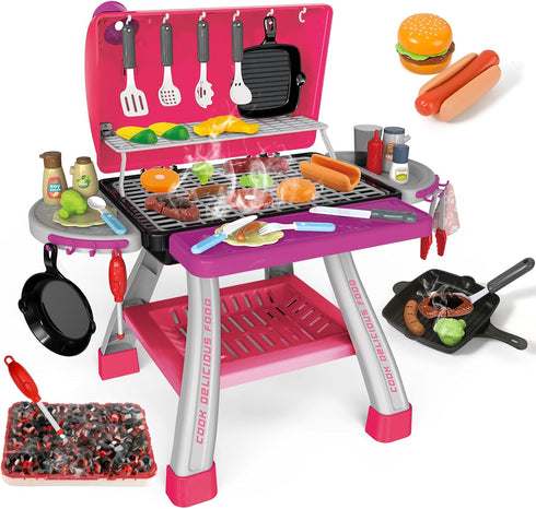 AuroTops Pink Kitchen Toy Set, Kids Grill Playset with Smoke, Sound &