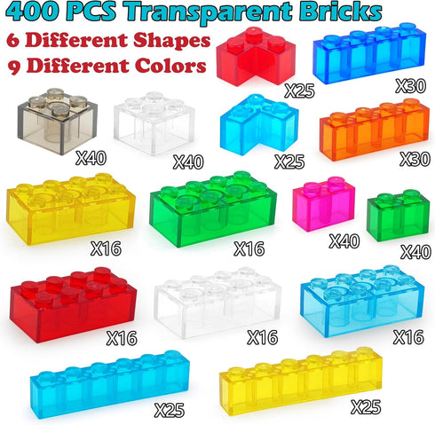 CONVENTEJOY 400 -9 6 Pieces Translucent Building Bricks Colors Crystal-Clear Classic Block Toy Fully Compatible