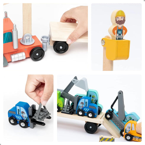 14 3 5 umu Construction Toy Cars PCS Wooden Kids Mini Vehicles for Toddlers, Compatible to Thomas Train Toys Railway