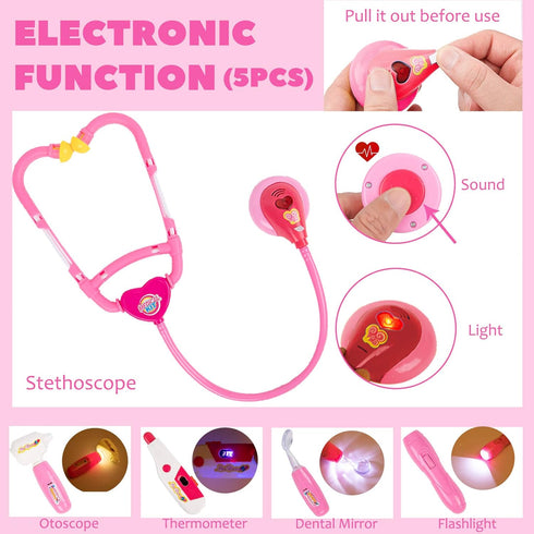 Liberry Doctor Kit for Toddlers 3-5 Years, 18-Piece Pretend Play Medical Kit with Toy Stethoscope, Pink Gift