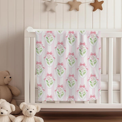 Cstdyfrv Summer 60x80in Pastel Flowers Bows Striped Baby Blankets for Boys Girls Pink Blue Hydrangea Floral Ribbon Bows