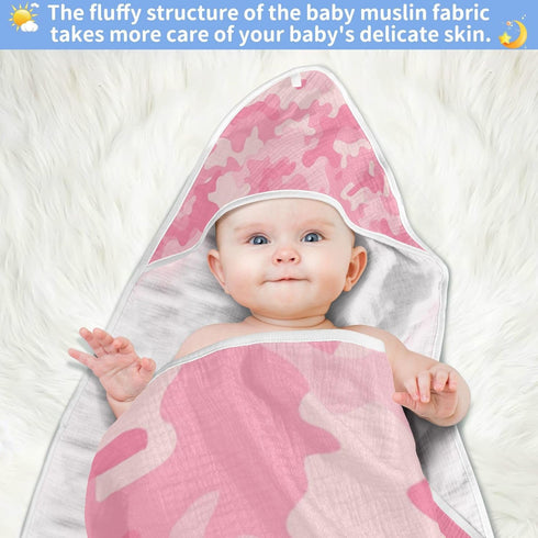 Pink Camouflage Baby Hooded Towel, Ultra Soft Absorbent Cotton Bath Towel for Newborn Toddler Boys Girls, 30 x 30 Inch