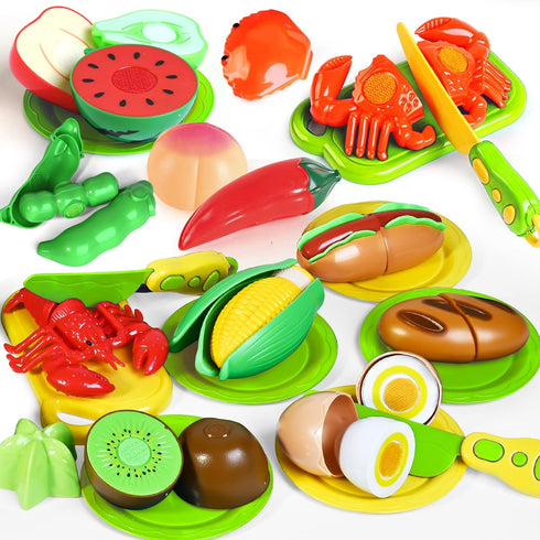 100 PCS Cutting Play Food Toy for Kids Kitchen, Pretend Food Toys with 2 Baskets, Birthday Gifts for 3-6 Years Old
