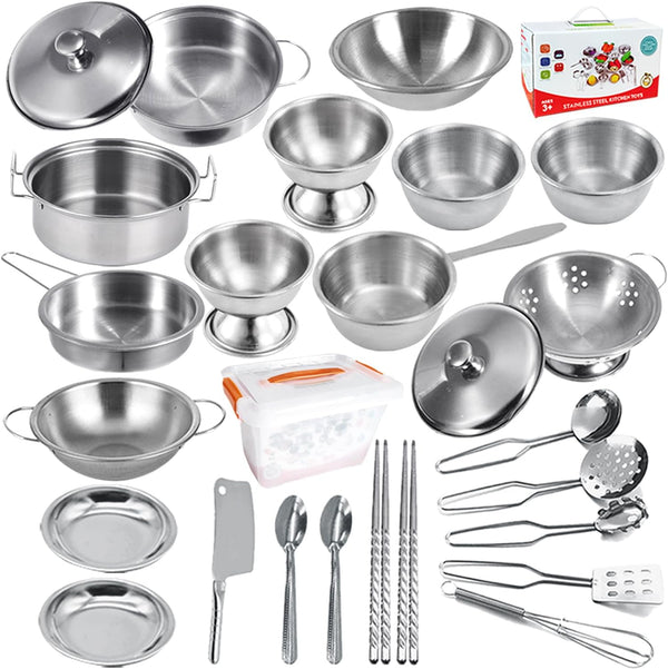 Kids Kitchen Pretend Play Toys Accessories with Stainless Steel Cookware Pots and Pans Set, Classic Cooking Utensils